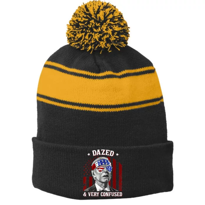 4th Of July Us Flag Funny Joe Biden Dazed And Very Confused Stripe Pom Pom Beanie