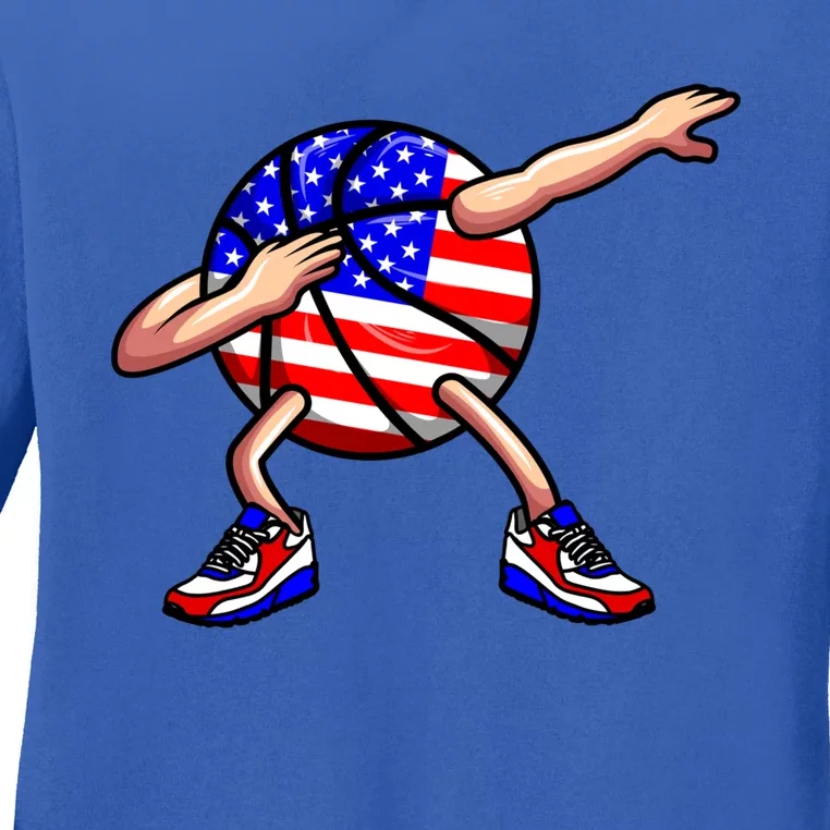 4th Of July Basketball Dabbing Ball Player Usa American Flag Gift Ladies Long Sleeve Shirt