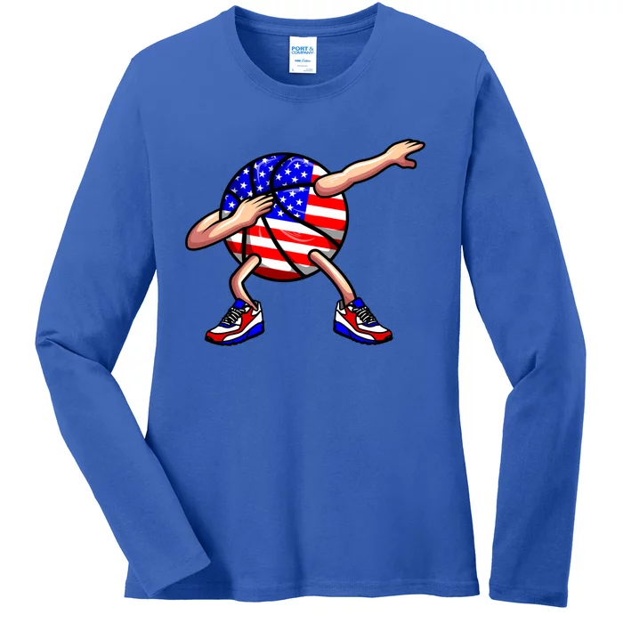 4th Of July Basketball Dabbing Ball Player Usa American Flag Gift Ladies Long Sleeve Shirt