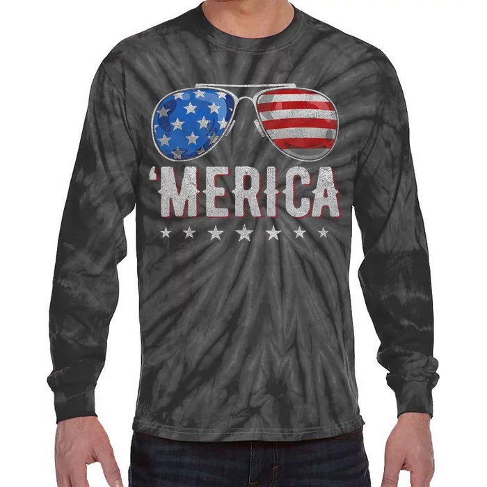 4th Of July Merica Sunglasses American Flag Tie-Dye Long Sleeve Shirt