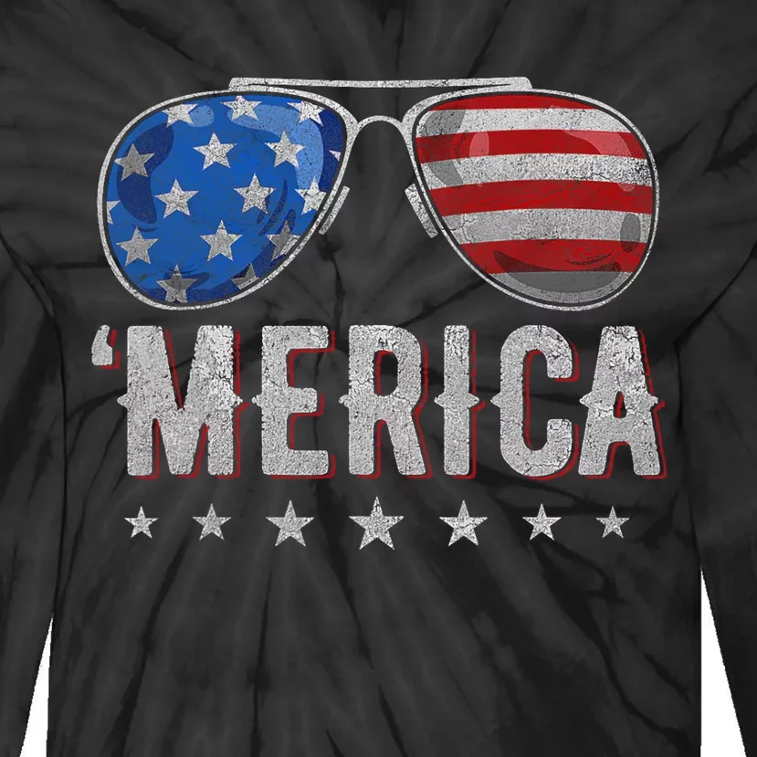 4th Of July Merica Sunglasses American Flag Tie-Dye Long Sleeve Shirt