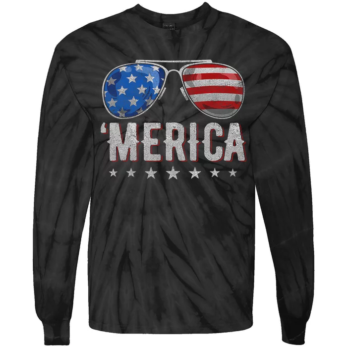 4th Of July Merica Sunglasses American Flag Tie-Dye Long Sleeve Shirt