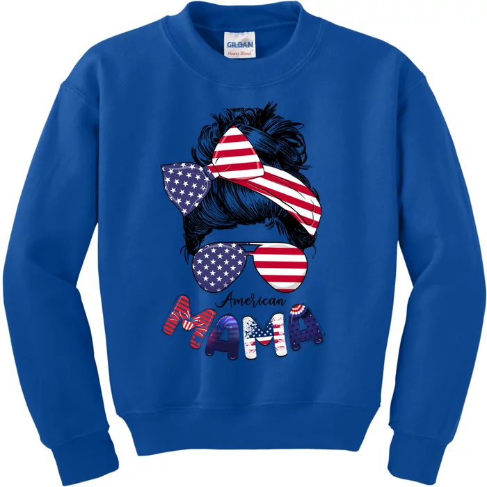 4th Of July American Mama Messy Bun Mom Life Patriotic Mom Gift Kids Sweatshirt