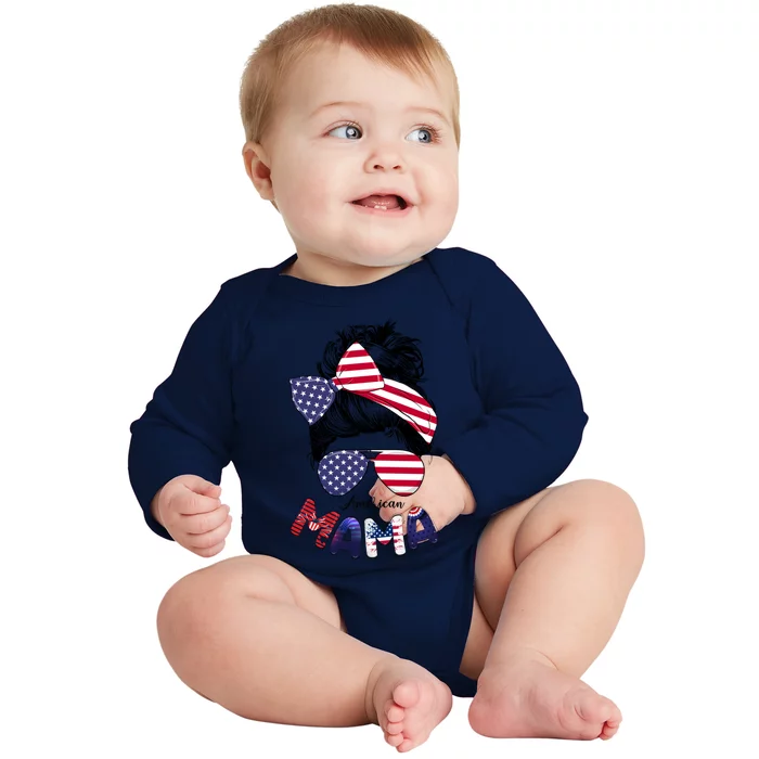 4th Of July American Mama Messy Bun Mom Life Patriotic Mom Gift Baby Long Sleeve Bodysuit