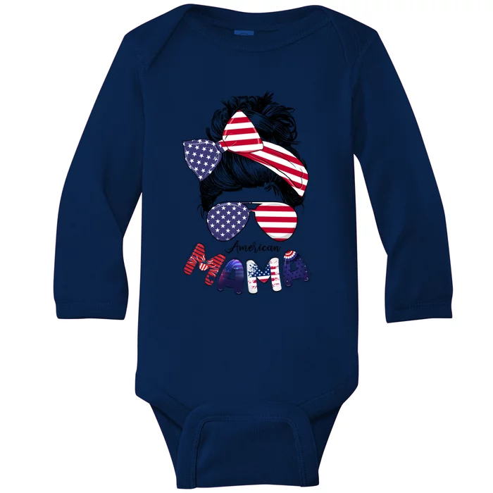 4th Of July American Mama Messy Bun Mom Life Patriotic Mom Gift Baby Long Sleeve Bodysuit