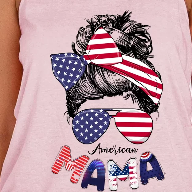 4th Of July American Mama Messy Bun Mom Life Patriotic Mom Gift Women's Knotted Racerback Tank