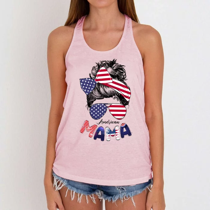 4th Of July American Mama Messy Bun Mom Life Patriotic Mom Gift Women's Knotted Racerback Tank