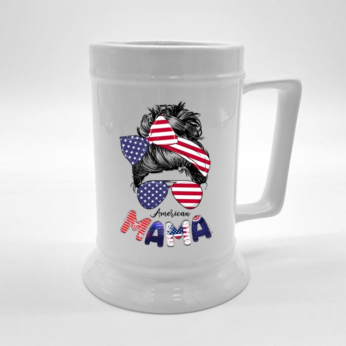 4th Of July American Mama Messy Bun Mom Life Patriotic Mom Gift Front & Back Beer Stein