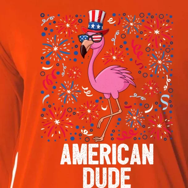 4th Of July American Dude Flamingo Us Flag Pride Patriotic Gift Cooling Performance Long Sleeve Crew