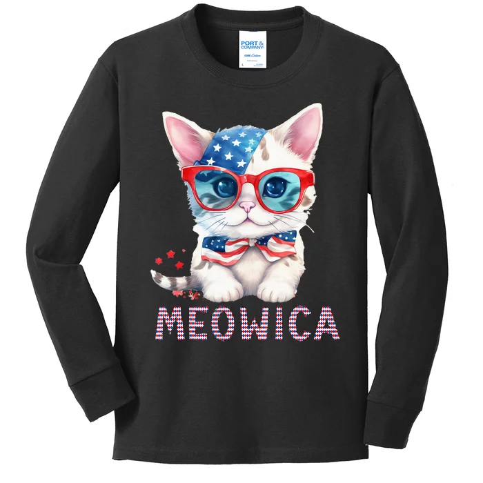 4th of July Meowica's patriotic graphic tees for cat lovers Kids Long Sleeve Shirt