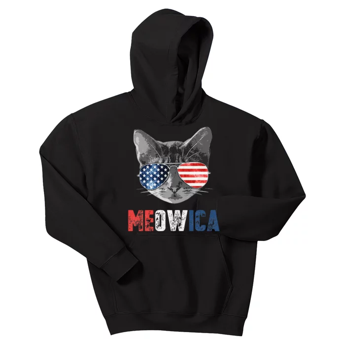 4th of July Meowica American Flag Cat Kids Hoodie