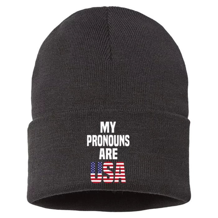 4th Of July Funny My Pronouns Are USA Sustainable Knit Beanie