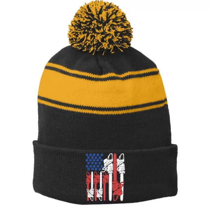 4th Of July Arborist Men Tree Climber Dad Chainsaw Stripe Pom Pom Beanie