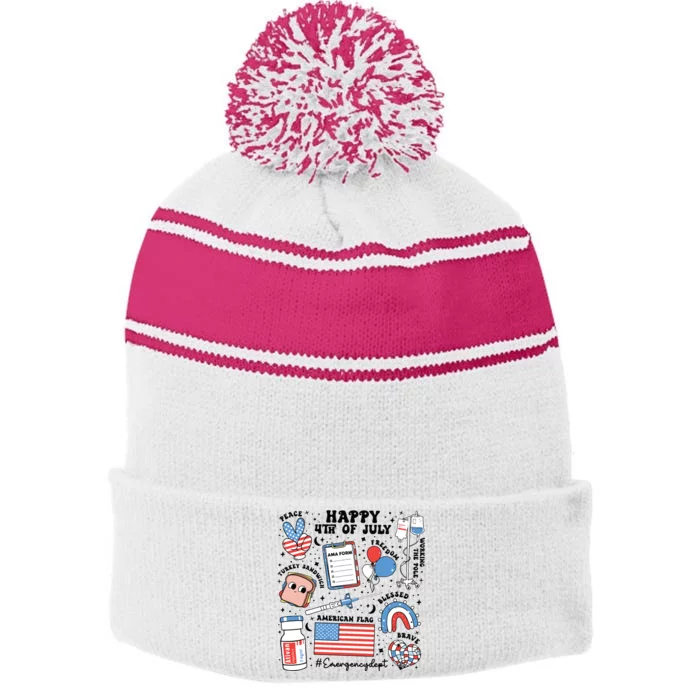 4th Of July Er Nurse Er Nurse Crew Stripe Pom Pom Beanie