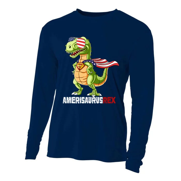 4th of July Dinosaur Amerisaurus T Rex Funny Cooling Performance Long Sleeve Crew