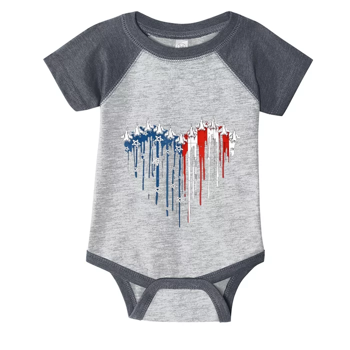 4th Of July Retro Fighter Jet Airplane American Flag Heart Gift Infant Baby Jersey Bodysuit