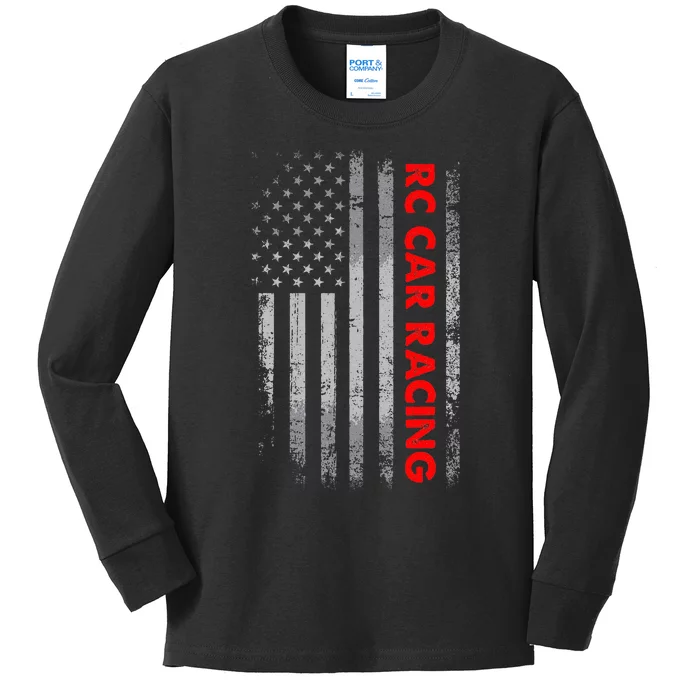 4th Of July RC Car Racer Vintage American Flag RC Car Racing Kids Long Sleeve Shirt