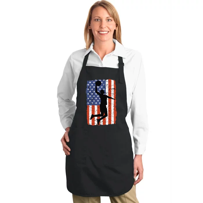 4th Of July Basketball Retro Vintage Sport American Flag USA Full-Length Apron With Pocket