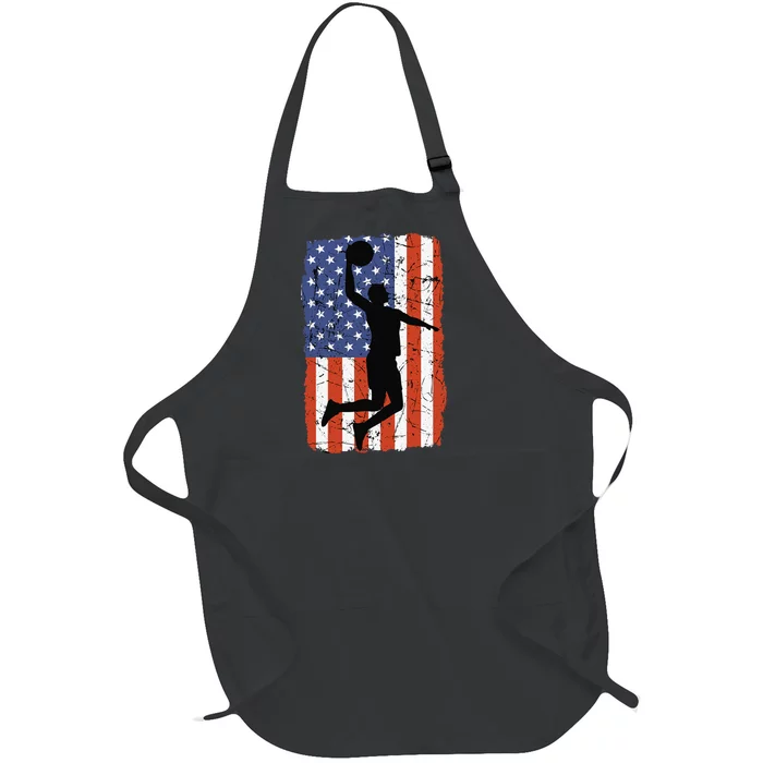 4th Of July Basketball Retro Vintage Sport American Flag USA Full-Length Apron With Pocket