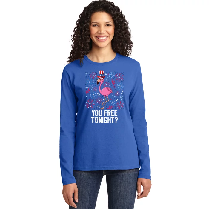 4th Of July You Free Tonight Flamingo American Flag Usa Cute Gift Ladies Long Sleeve Shirt