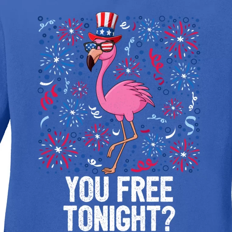 4th Of July You Free Tonight Flamingo American Flag Usa Cute Gift Ladies Long Sleeve Shirt