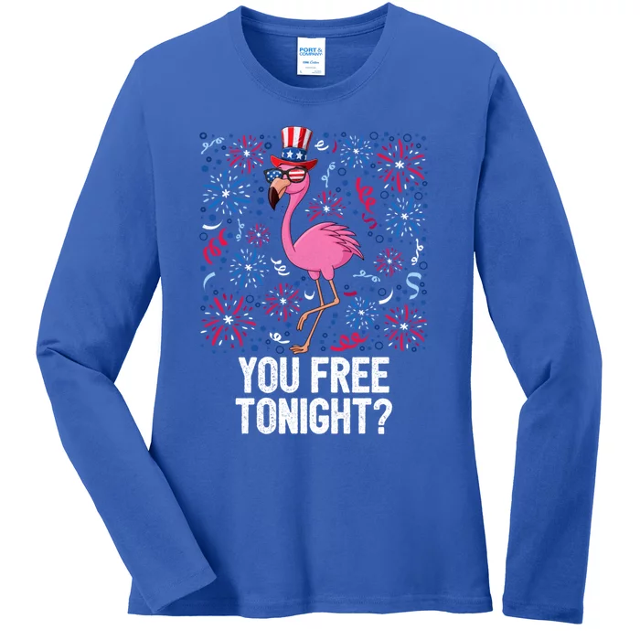 4th Of July You Free Tonight Flamingo American Flag Usa Cute Gift Ladies Long Sleeve Shirt