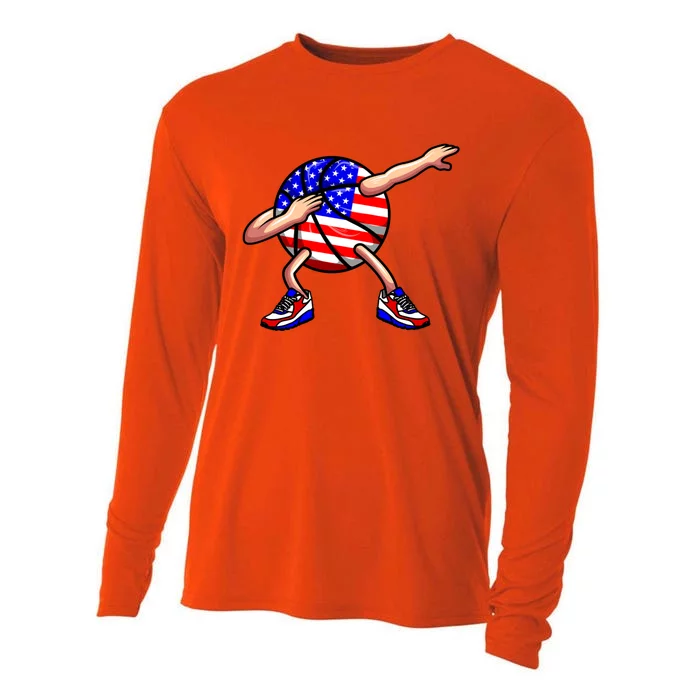 4th Of July Basketball Dabbing Ball Player Usa American Flag Cool Gift Cooling Performance Long Sleeve Crew