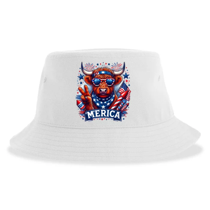 4th Of July Merica Patriotic Usa Flag Highland Cow Independence Day Gift Sustainable Bucket Hat