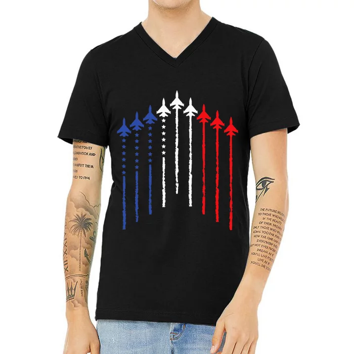 4th Of July Fighter Jet Airplane Red White Blue In The Sky V-Neck T-Shirt