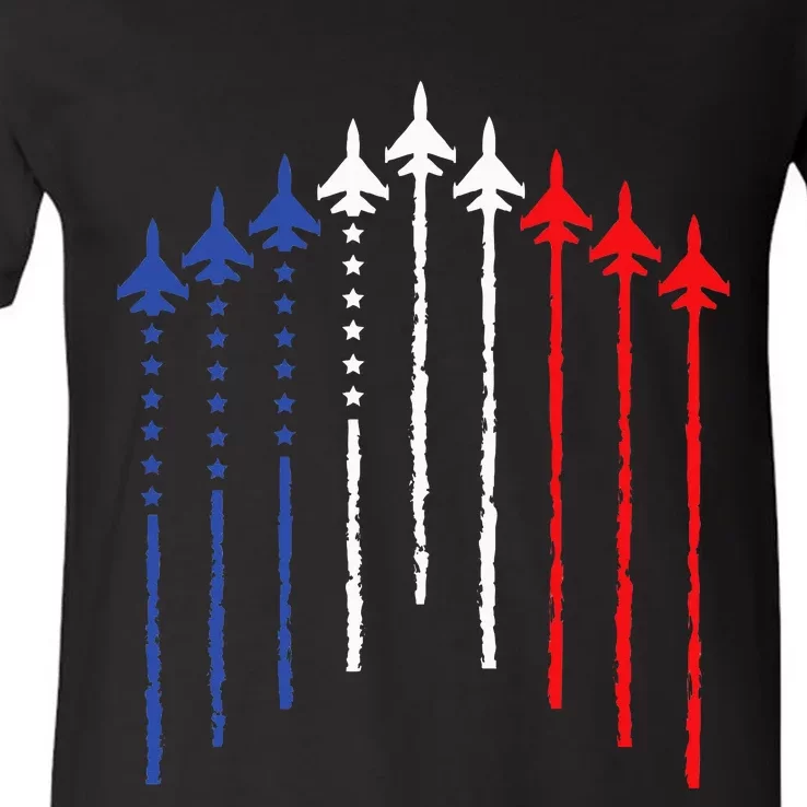 4th Of July Fighter Jet Airplane Red White Blue In The Sky V-Neck T-Shirt