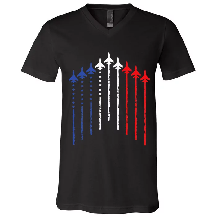 4th Of July Fighter Jet Airplane Red White Blue In The Sky V-Neck T-Shirt