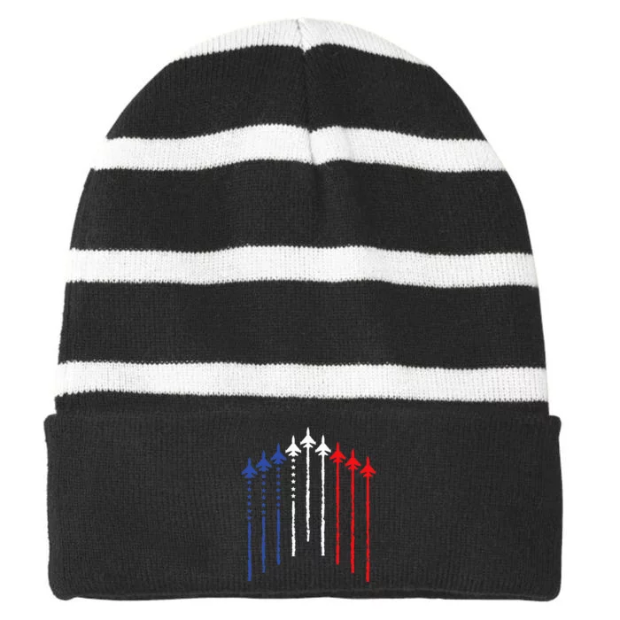 4th Of July Fighter Jet Airplane Red White Blue In The Sky Striped Beanie with Solid Band