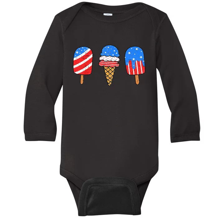 4th Of July Ice Pops Red White Blue American Flag Baby Long Sleeve Bodysuit