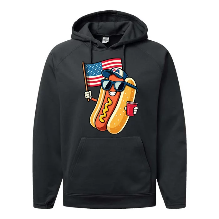 4th Of July Hotdog Funny Fourth Of July Patriotic Usa Flag Performance Fleece Hoodie