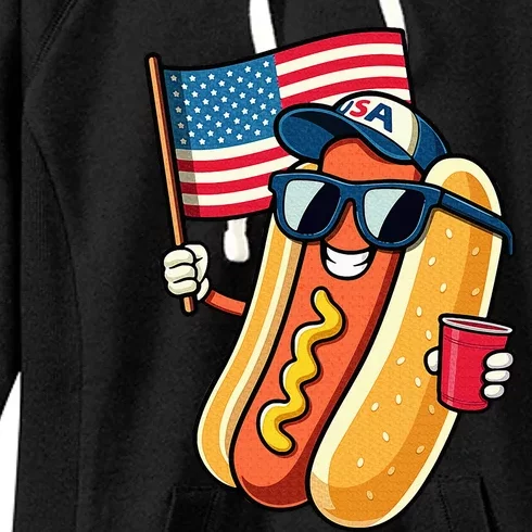 4th Of July Hotdog Funny Fourth Of July Patriotic Usa Flag Women's Fleece Hoodie