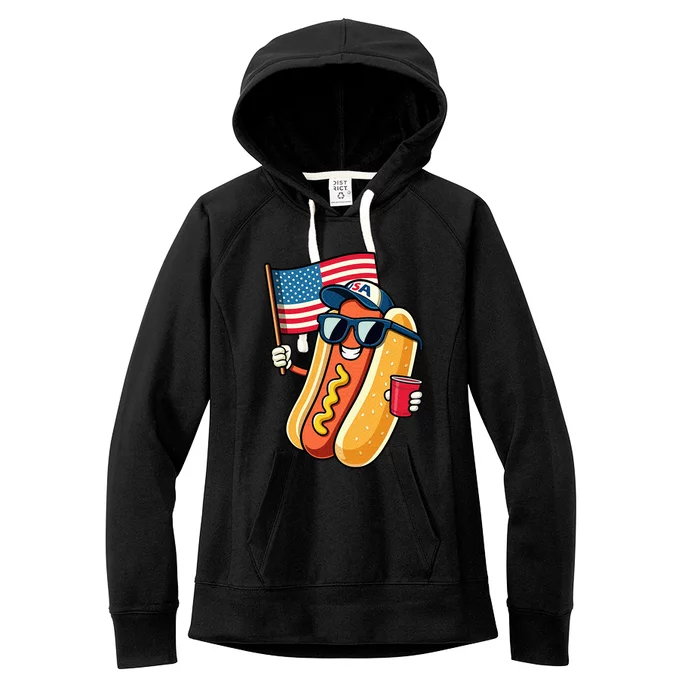 4th Of July Hotdog Funny Fourth Of July Patriotic Usa Flag Women's Fleece Hoodie