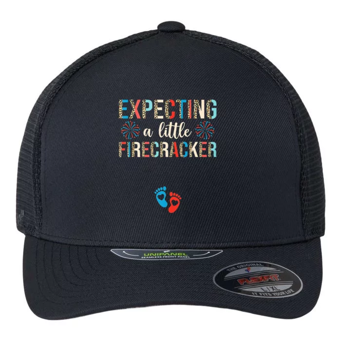 4th of July Pregnancy Expecting A Little Firecracker Leopard Flexfit Unipanel Trucker Cap