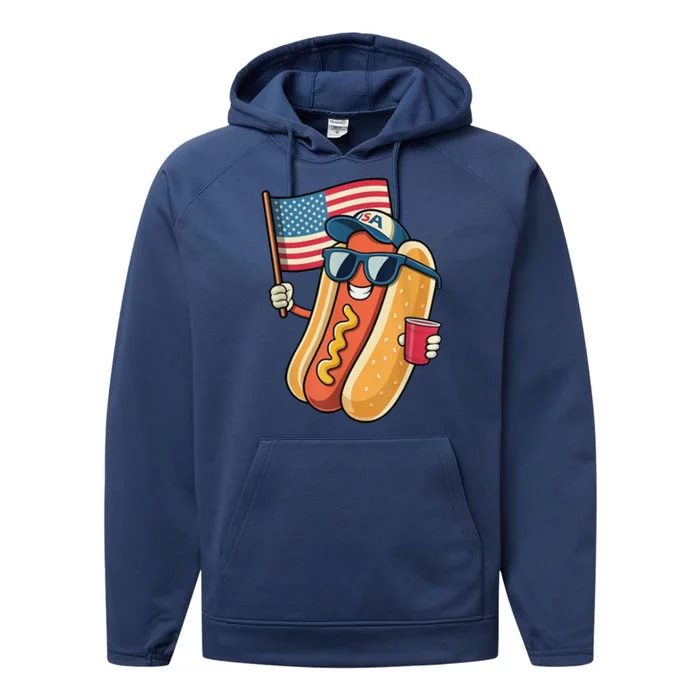 4th Of July Hotdog Funny Patriotic Usa Performance Fleece Hoodie