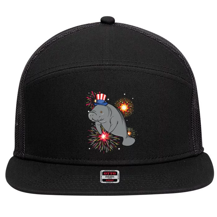 4th Of July Manatee Marine Biologist Patriotic Fireworks 7 Panel Mesh Trucker Snapback Hat