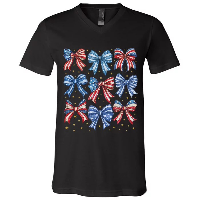 4th Of July Shirts For Coquette Bow Women American V-Neck T-Shirt