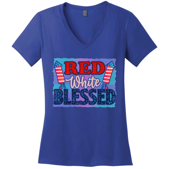 4th Of July Clothes And Accessories Red White Blessed Cute Gift Women's V-Neck T-Shirt