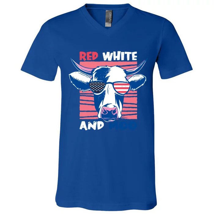 4th Of July Cow Red White And Moo Flag Patriotic Usa Gift V-Neck T-Shirt