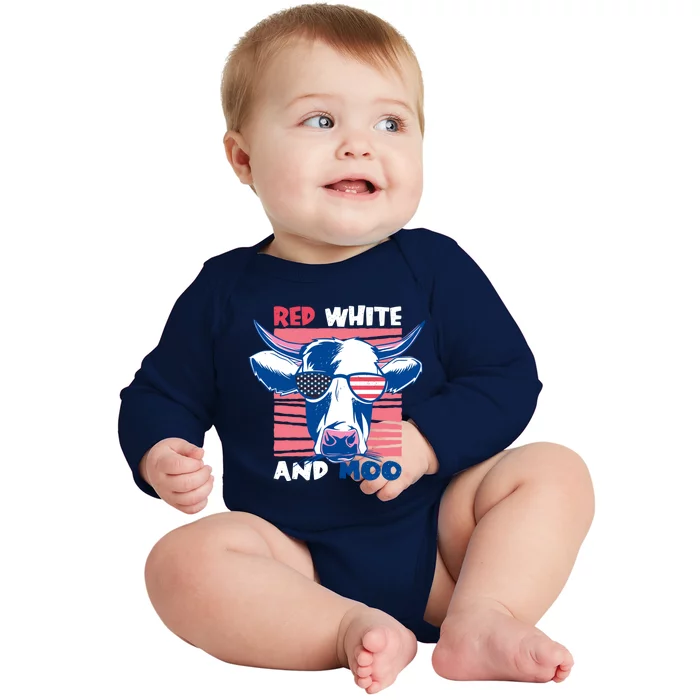 4th Of July Cow Red White And Moo Flag Patriotic Usa Gift Baby Long Sleeve Bodysuit