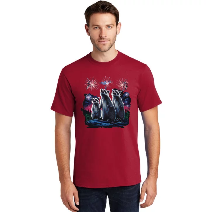 4th Of July Raccoons Watching Fireworks Howling Funny Tall T-Shirt