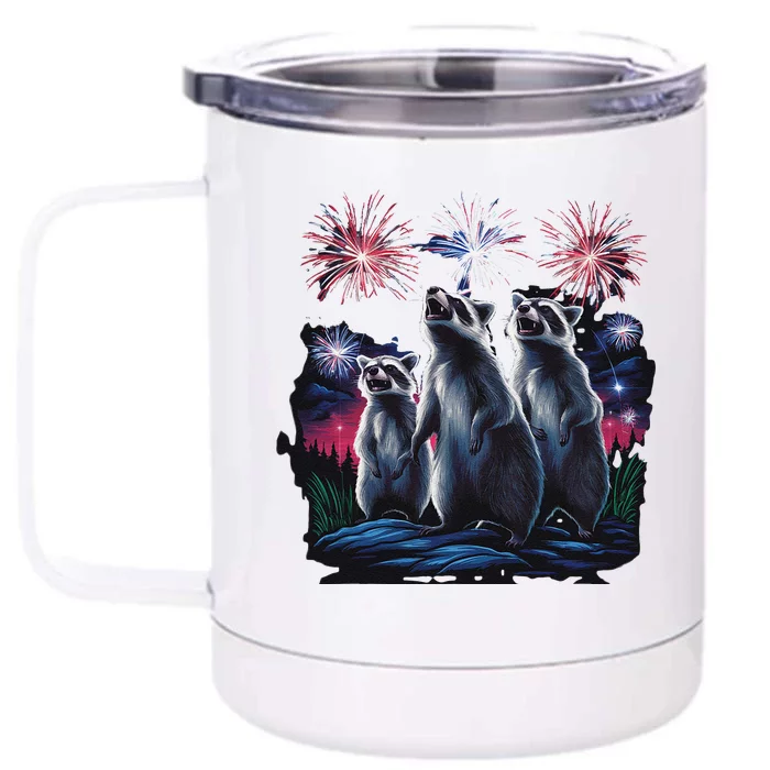 4th Of July Raccoons Watching Fireworks Howling Funny Front & Back 12oz Stainless Steel Tumbler Cup