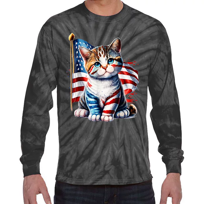 4th Of July Cat Mom American Flag Cat Lover Gift Tie-Dye Long Sleeve Shirt