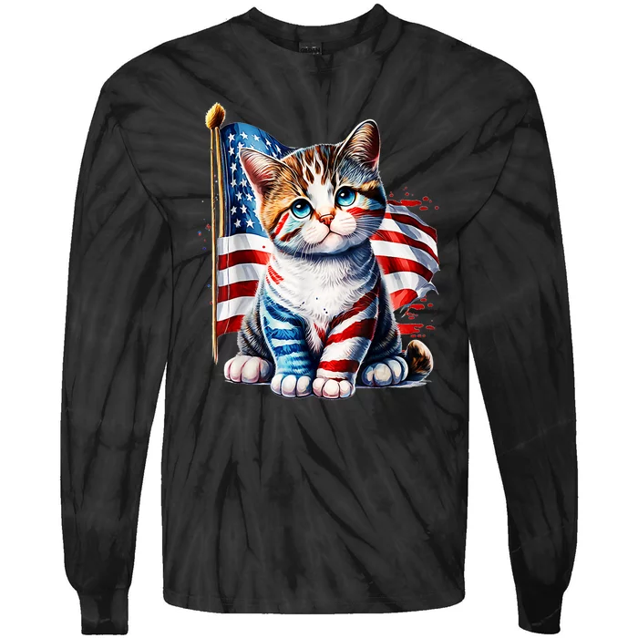 4th Of July Cat Mom American Flag Cat Lover Gift Tie-Dye Long Sleeve Shirt