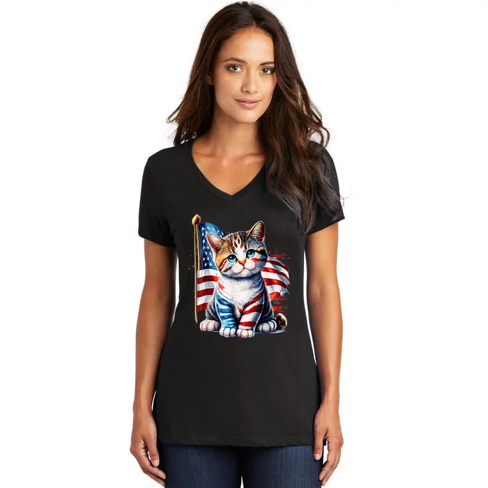 4th Of July Cat Mom American Flag Cat Lover Gift Women's V-Neck T-Shirt