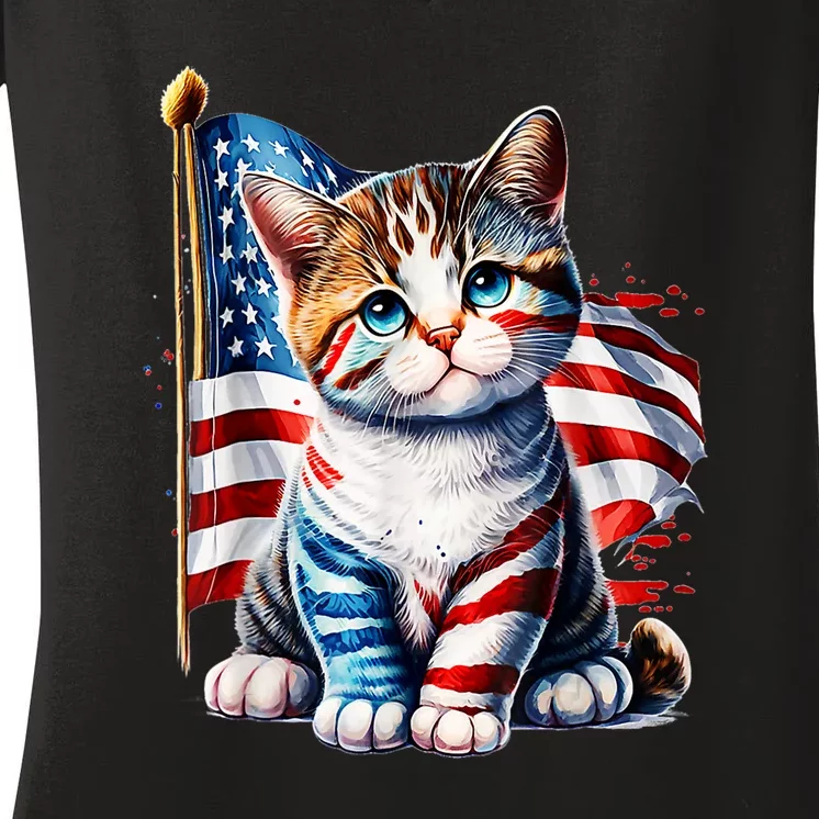 4th Of July Cat Mom American Flag Cat Lover Gift Women's V-Neck T-Shirt