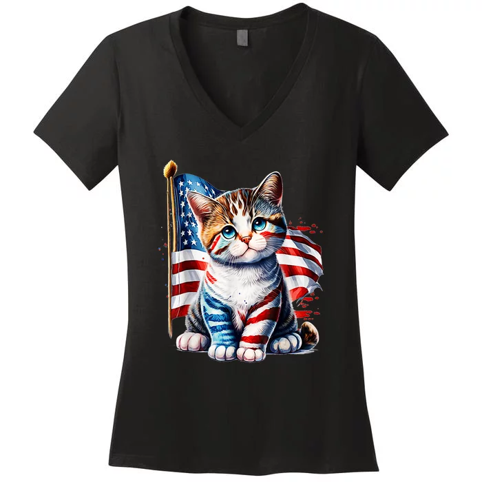 4th Of July Cat Mom American Flag Cat Lover Gift Women's V-Neck T-Shirt